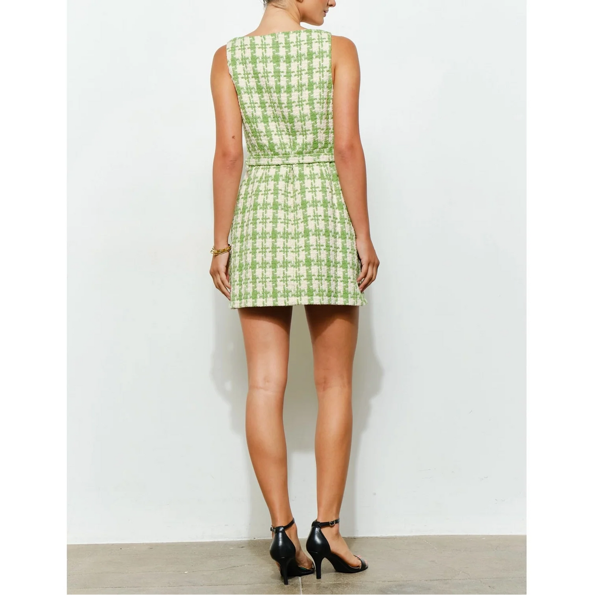 Check Tweed Brooch Detail Belted Mini Dress in Lime