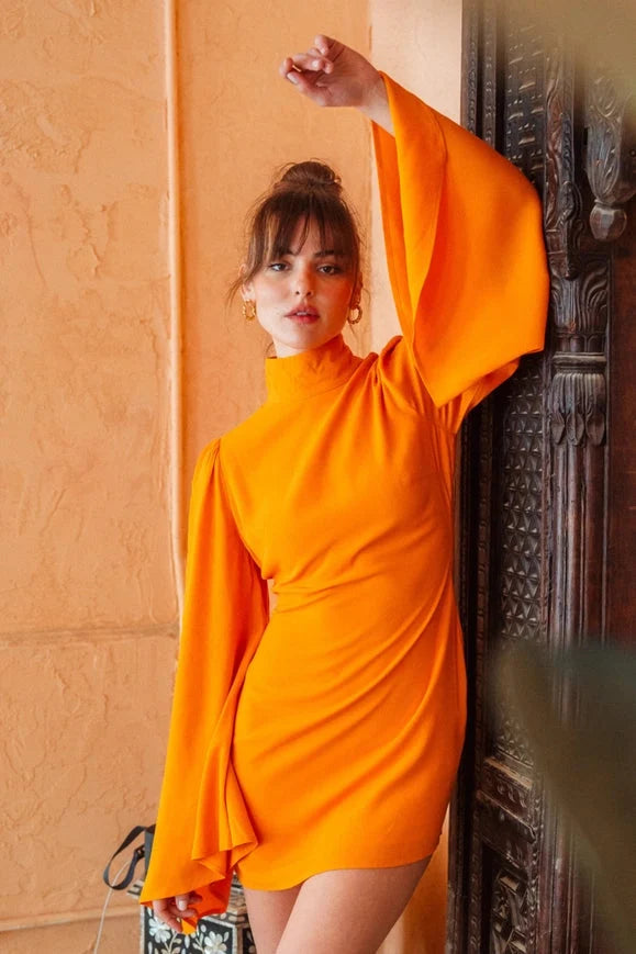 Chic Mock Neck Dramatic Flared Sleeve Mini Dress Mango