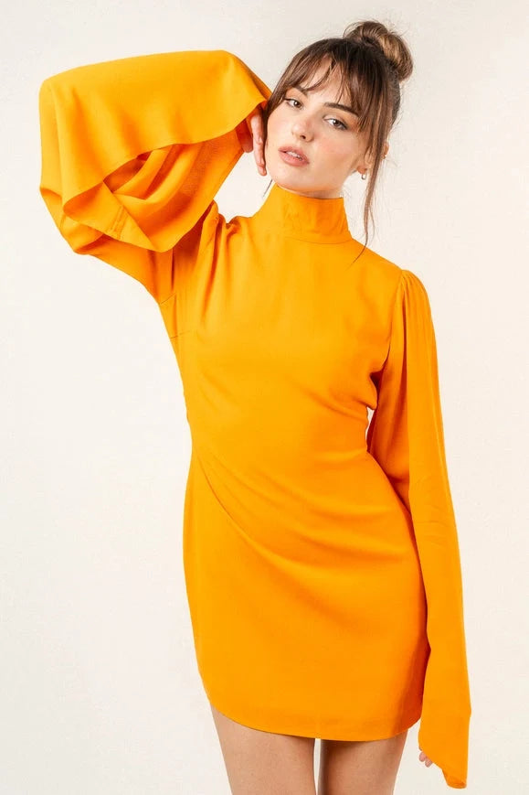 Chic Mock Neck Dramatic Flared Sleeve Mini Dress Mango