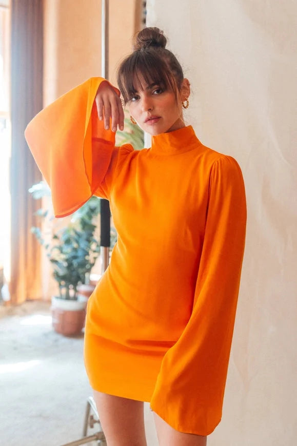 Chic Mock Neck Dramatic Flared Sleeve Mini Dress Mango