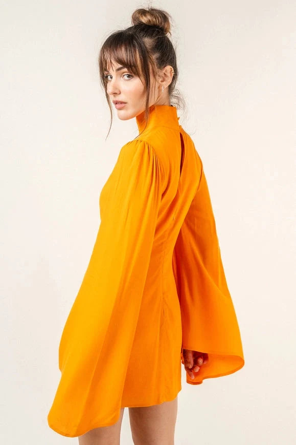 Chic Mock Neck Dramatic Flared Sleeve Mini Dress Mango