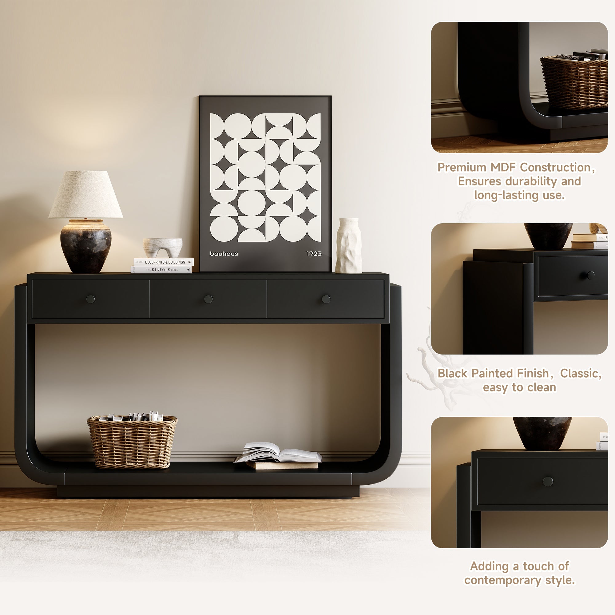 Classic Black Console Table with 3 Drawers &amp; Storage Shelf