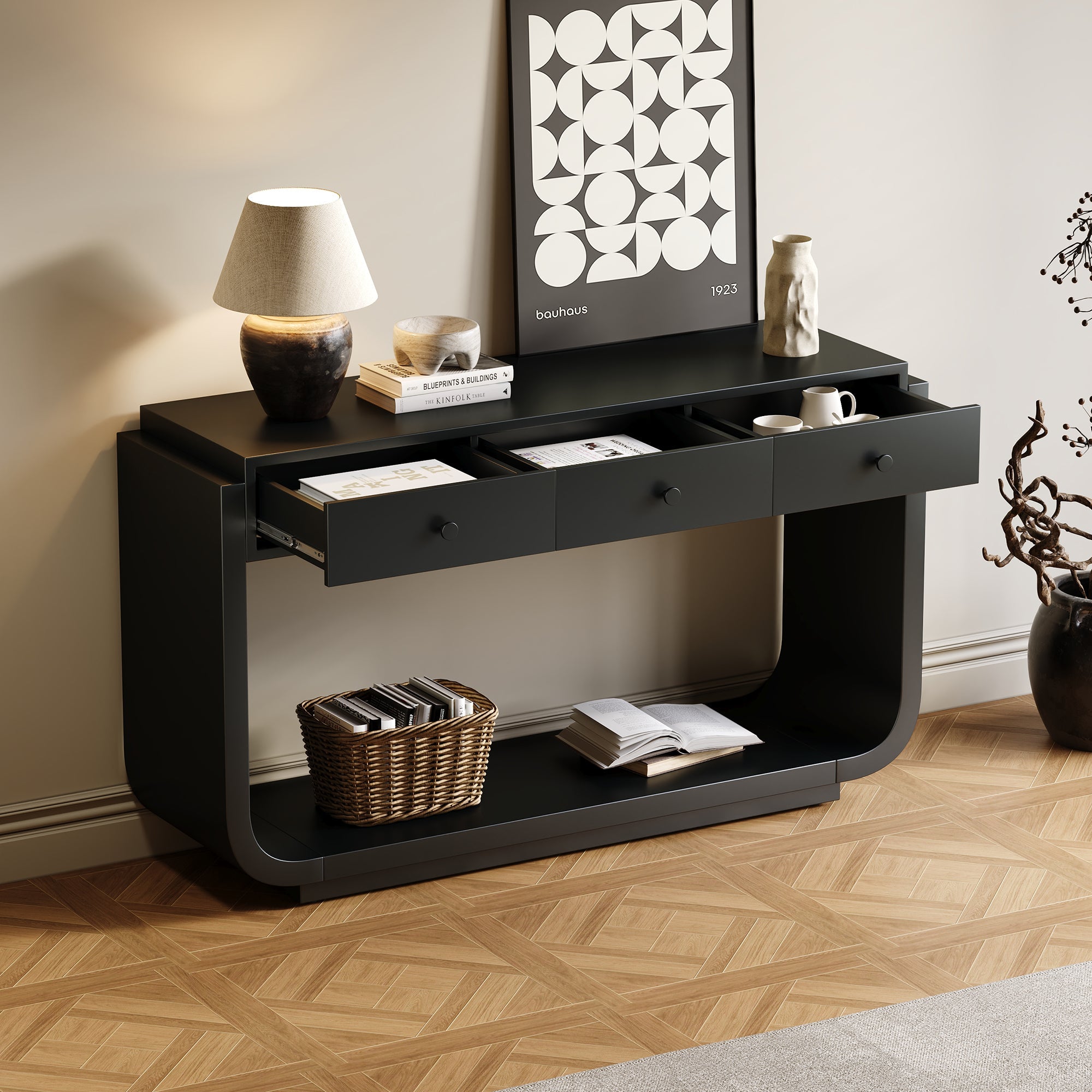 Classic Black Console Table with 3 Drawers &amp; Storage Shelf