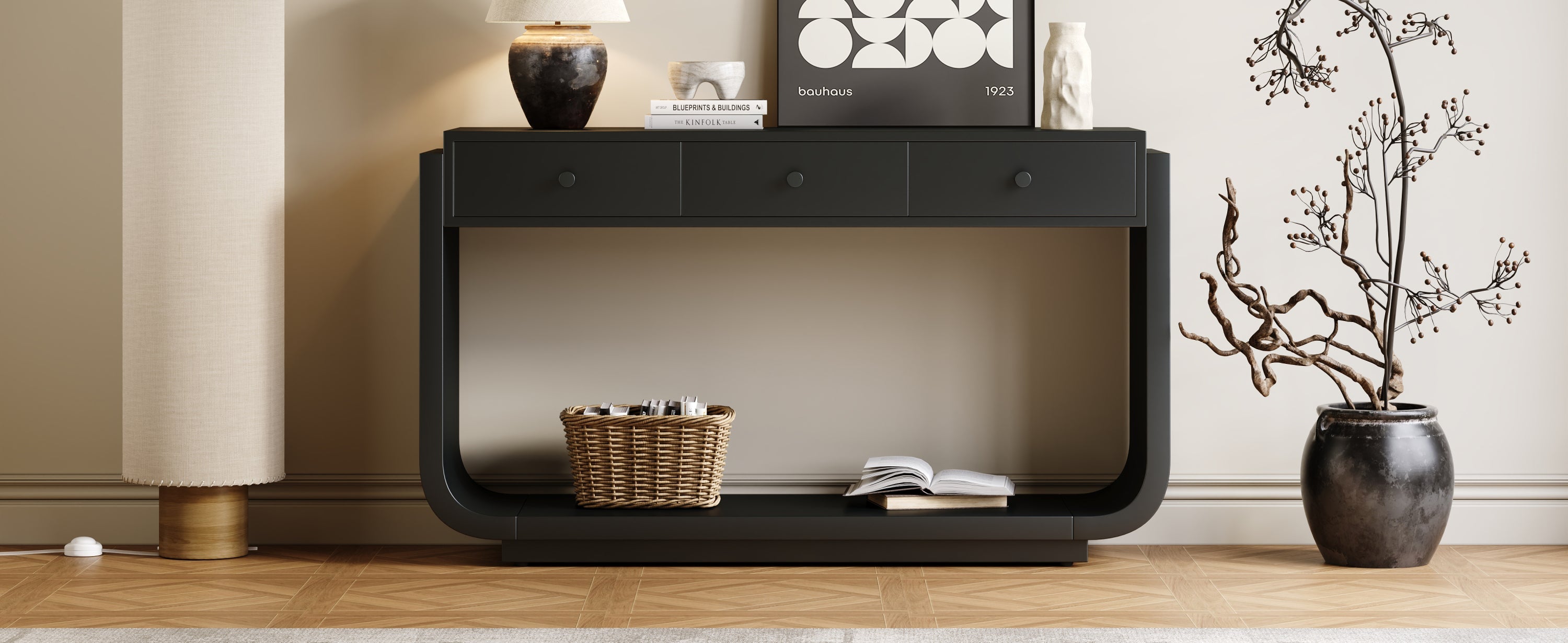 Classic Black Console Table with 3 Drawers &amp; Storage Shelf