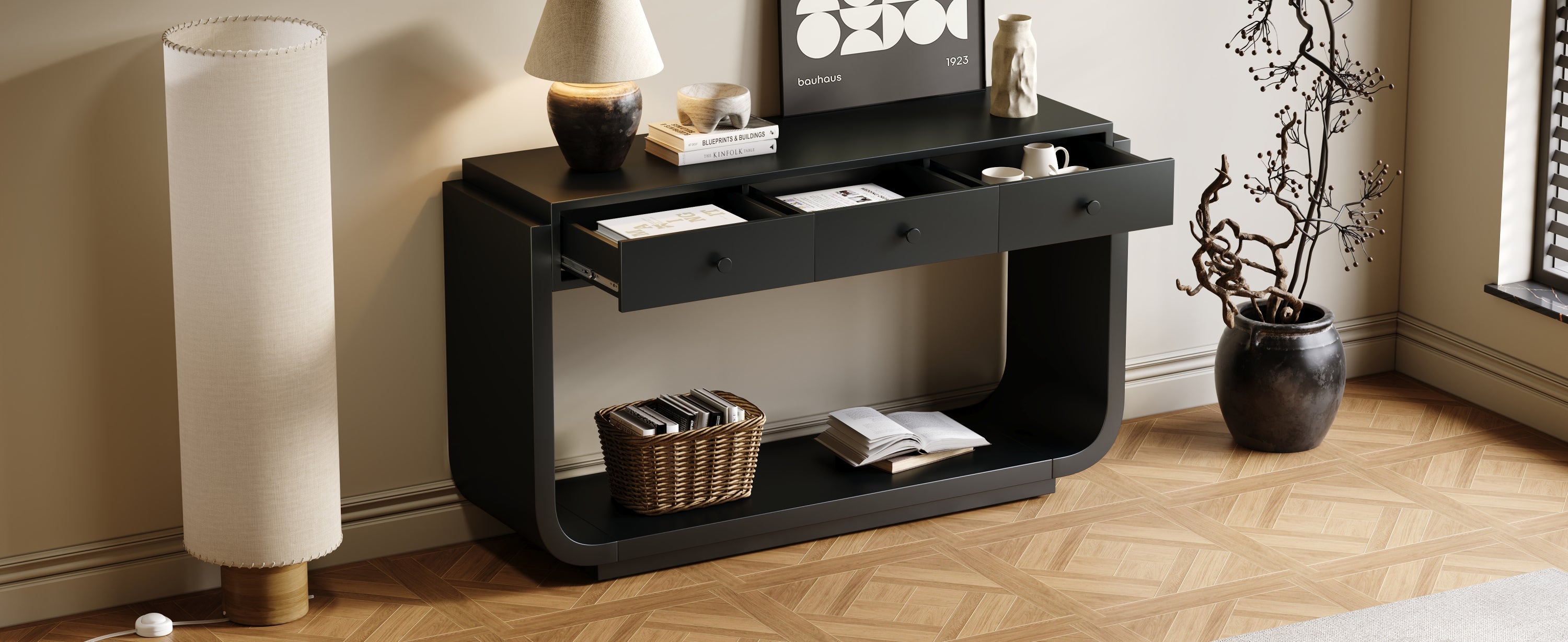 Classic Black Console Table with 3 Drawers &amp; Storage Shelf
