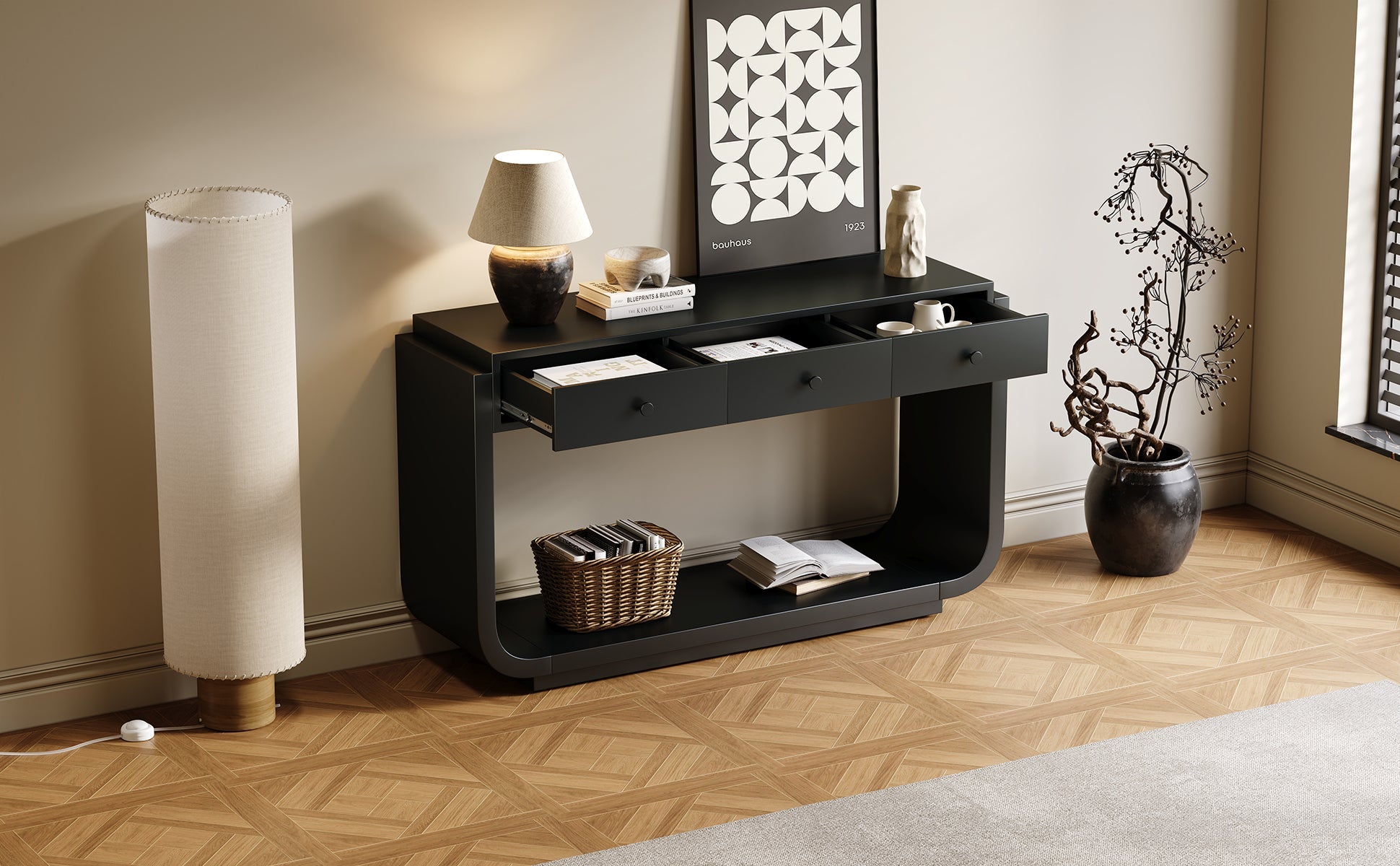 Classic Black Console Table with 3 Drawers &amp; Storage Shelf