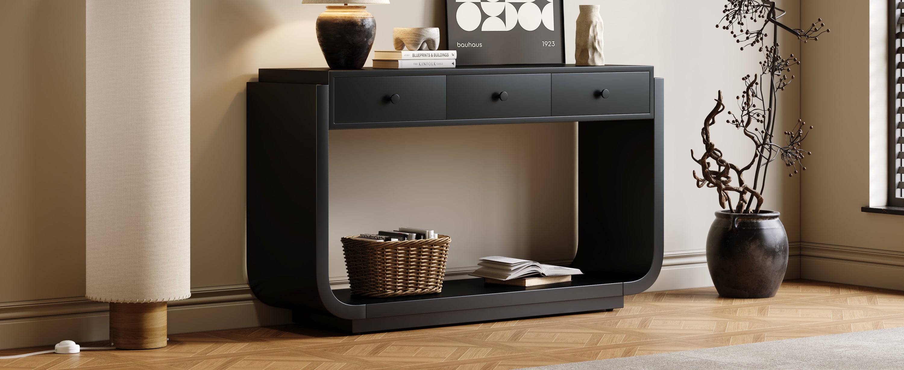 Classic Black Console Table with 3 Drawers &amp; Storage Shelf