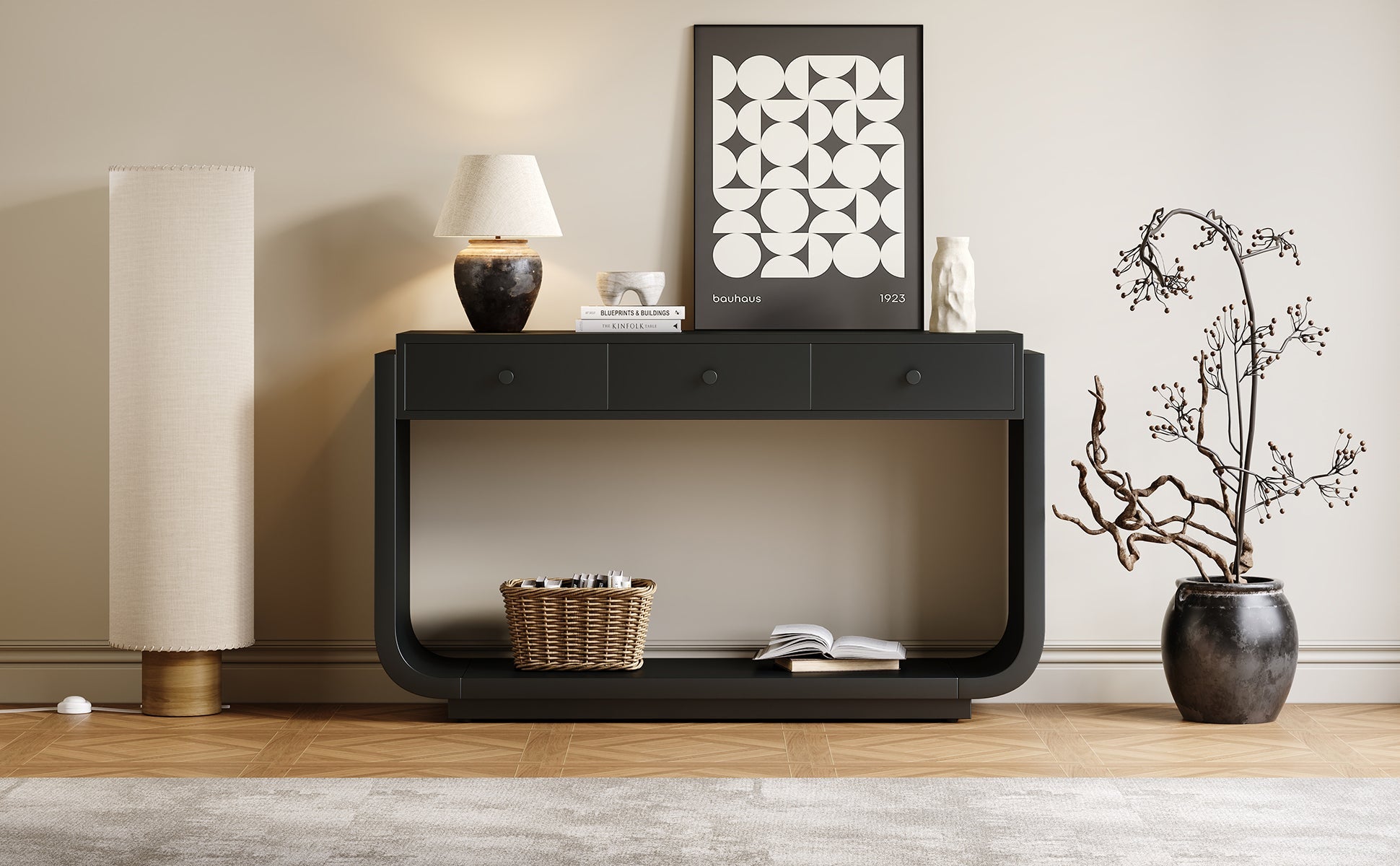 Classic Black Console Table with 3 Drawers &amp; Storage Shelf