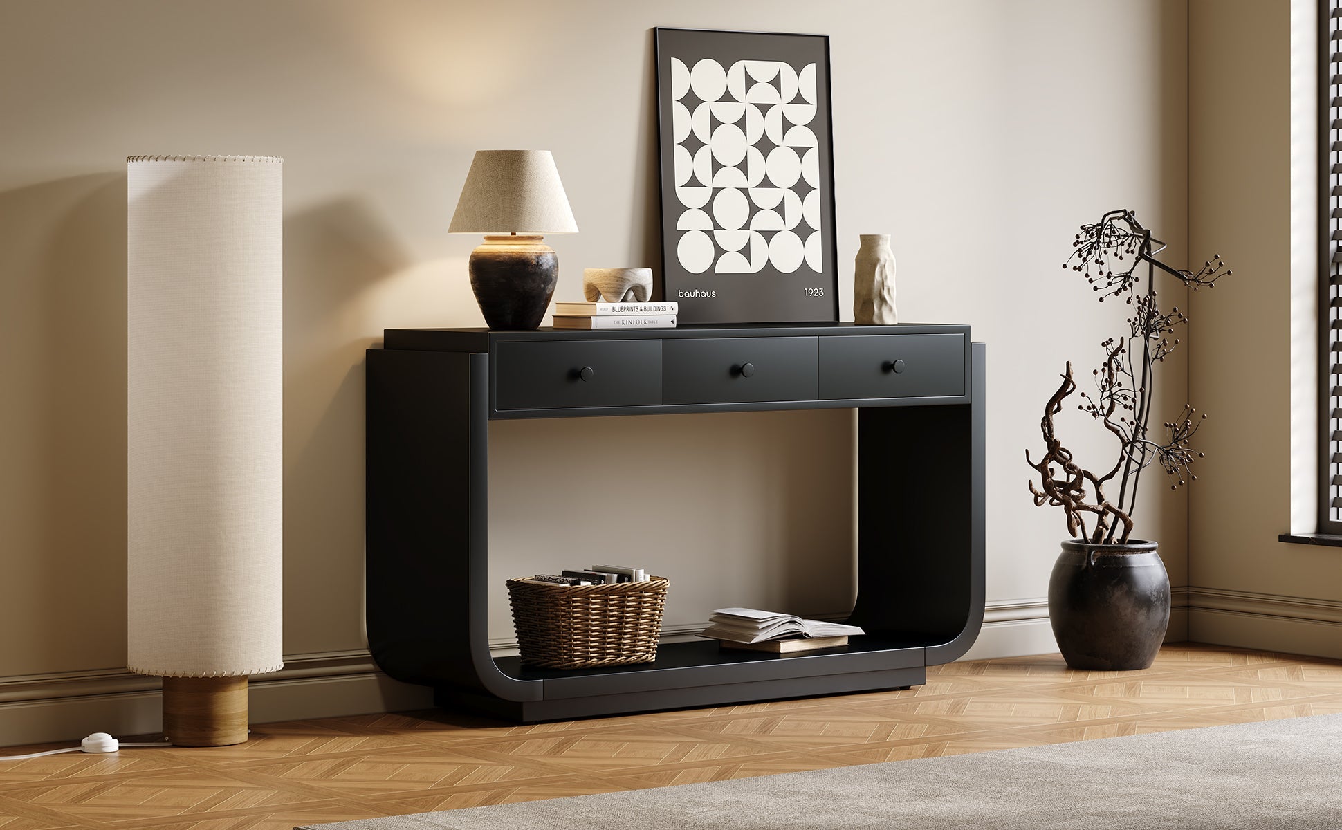 Classic Black Console Table with 3 Drawers &amp; Storage Shelf
