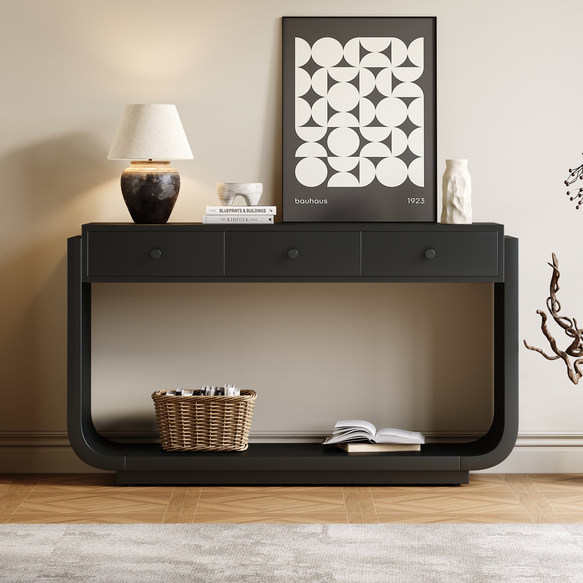 Classic Black Console Table with 3 Drawers &amp; Storage Shelf