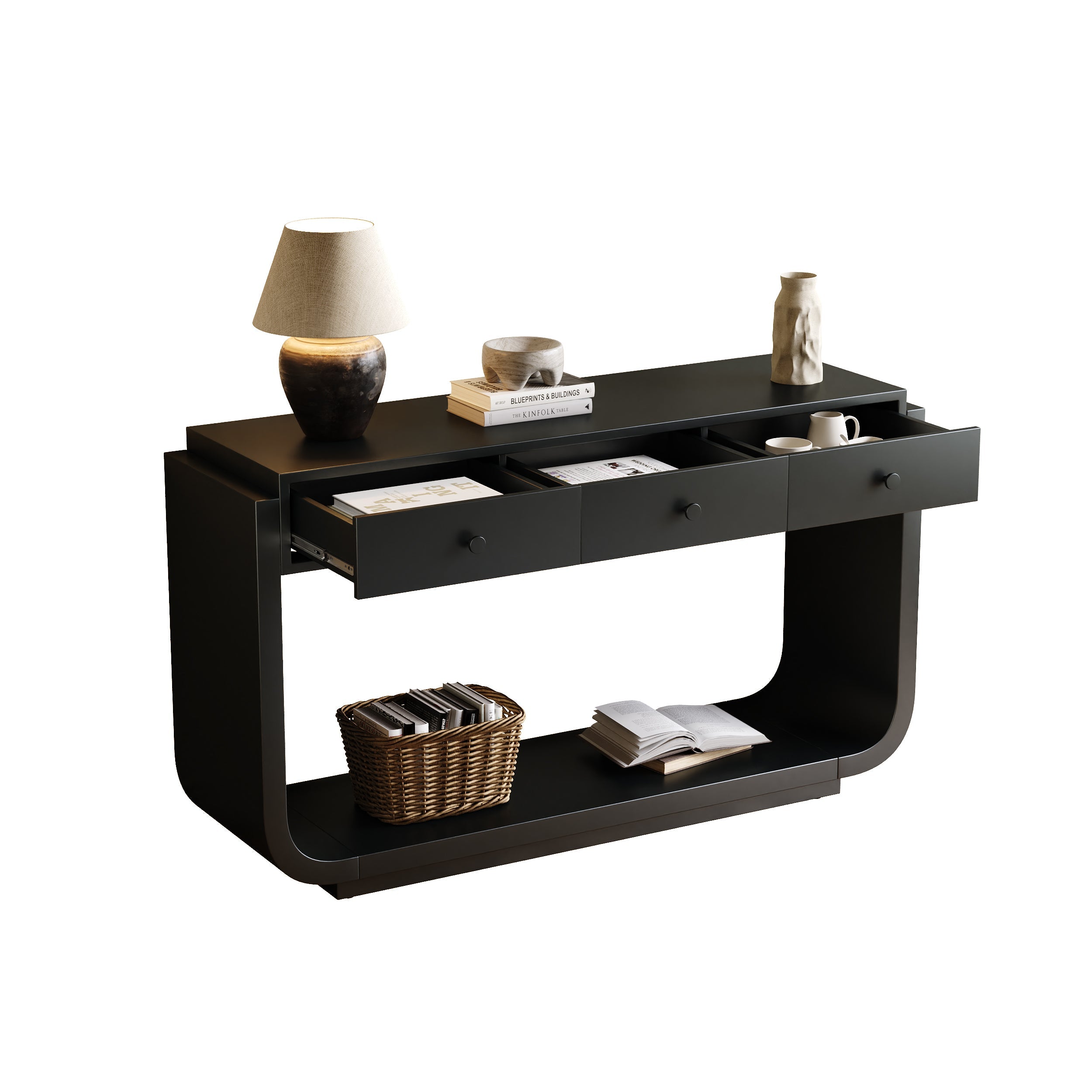 Classic Black Console Table with 3 Drawers &amp; Storage Shelf