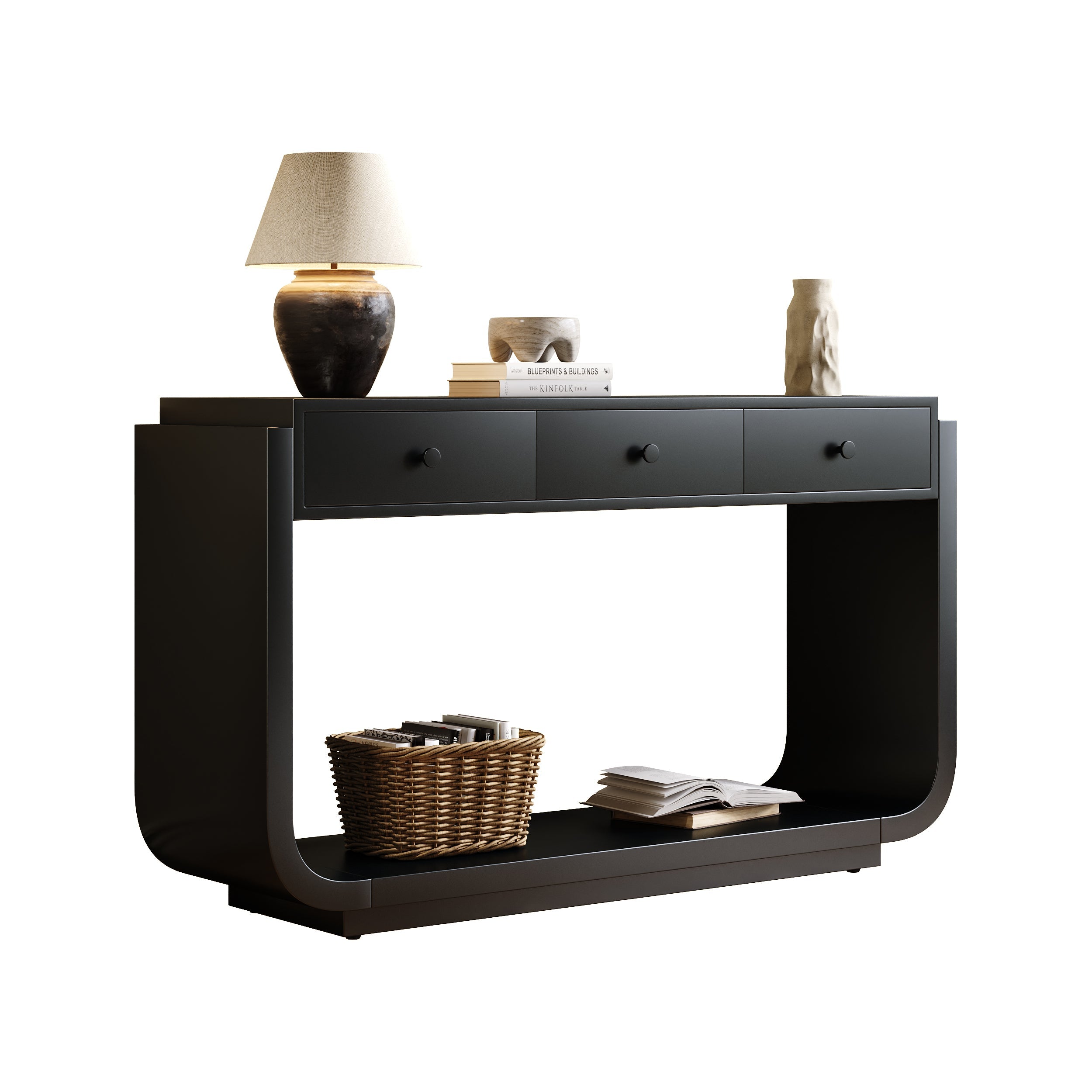 Classic Black Console Table with 3 Drawers &amp; Storage Shelf