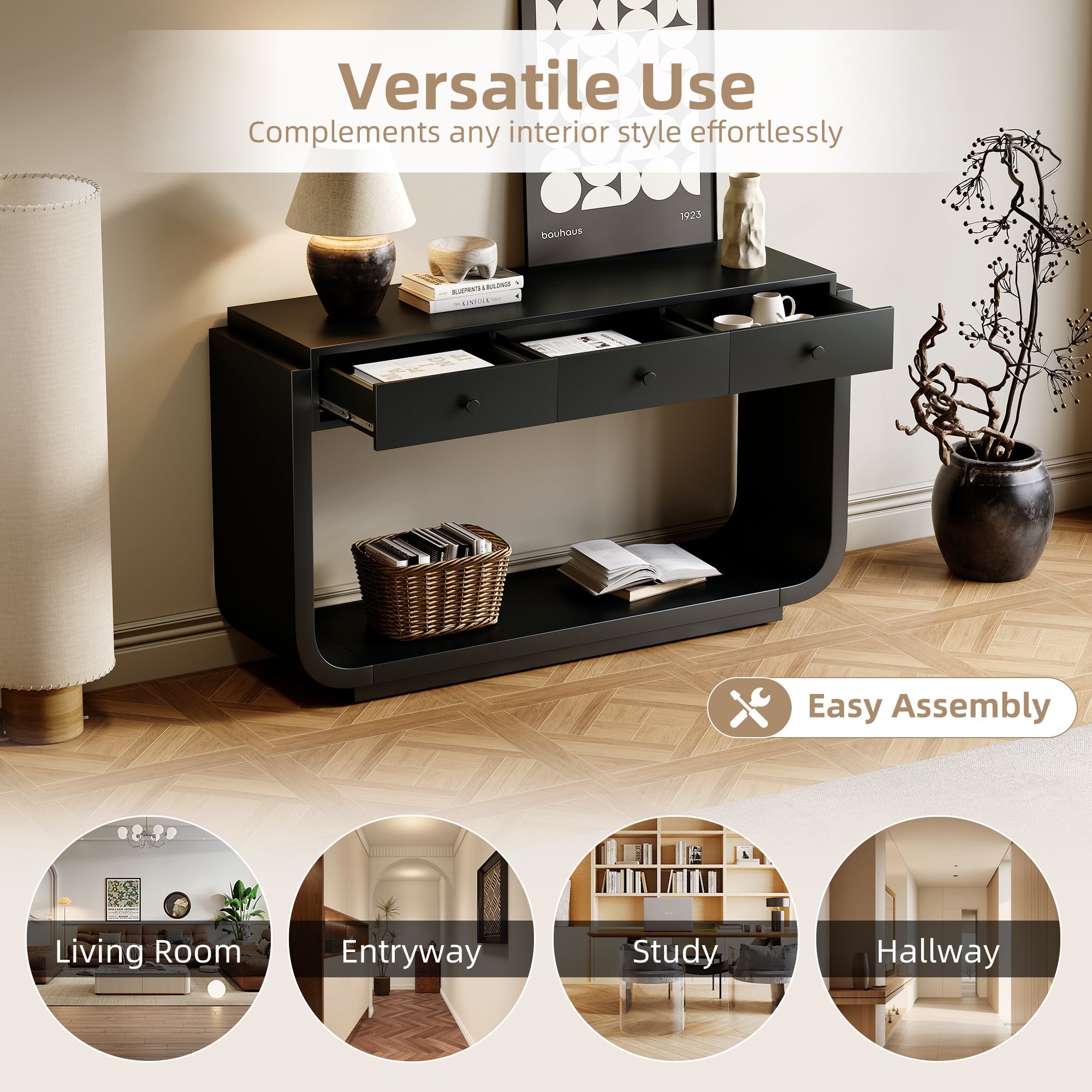 Classic Black Console Table with 3 Drawers &amp; Storage Shelf