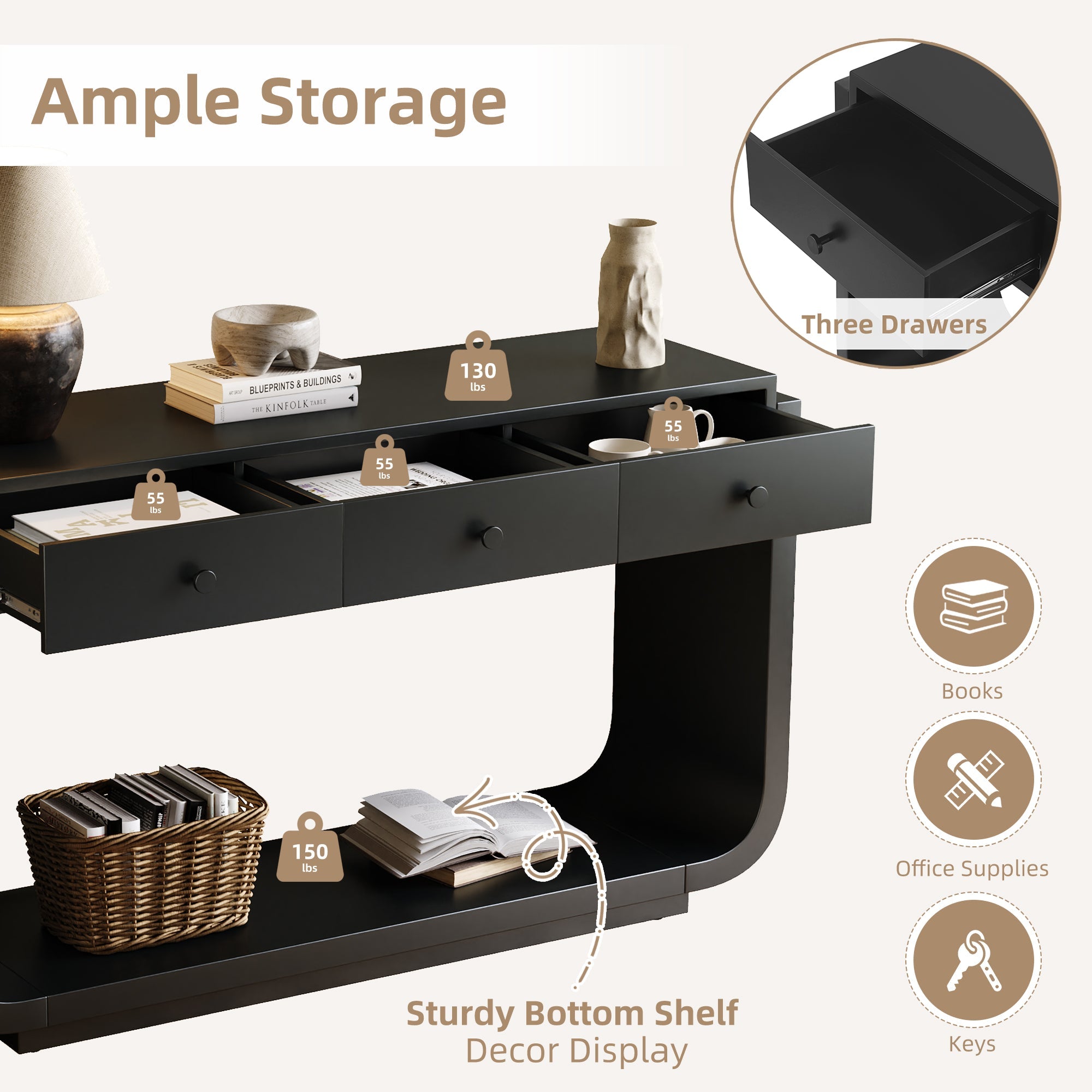 Classic Black Console Table with 3 Drawers &amp; Storage Shelf