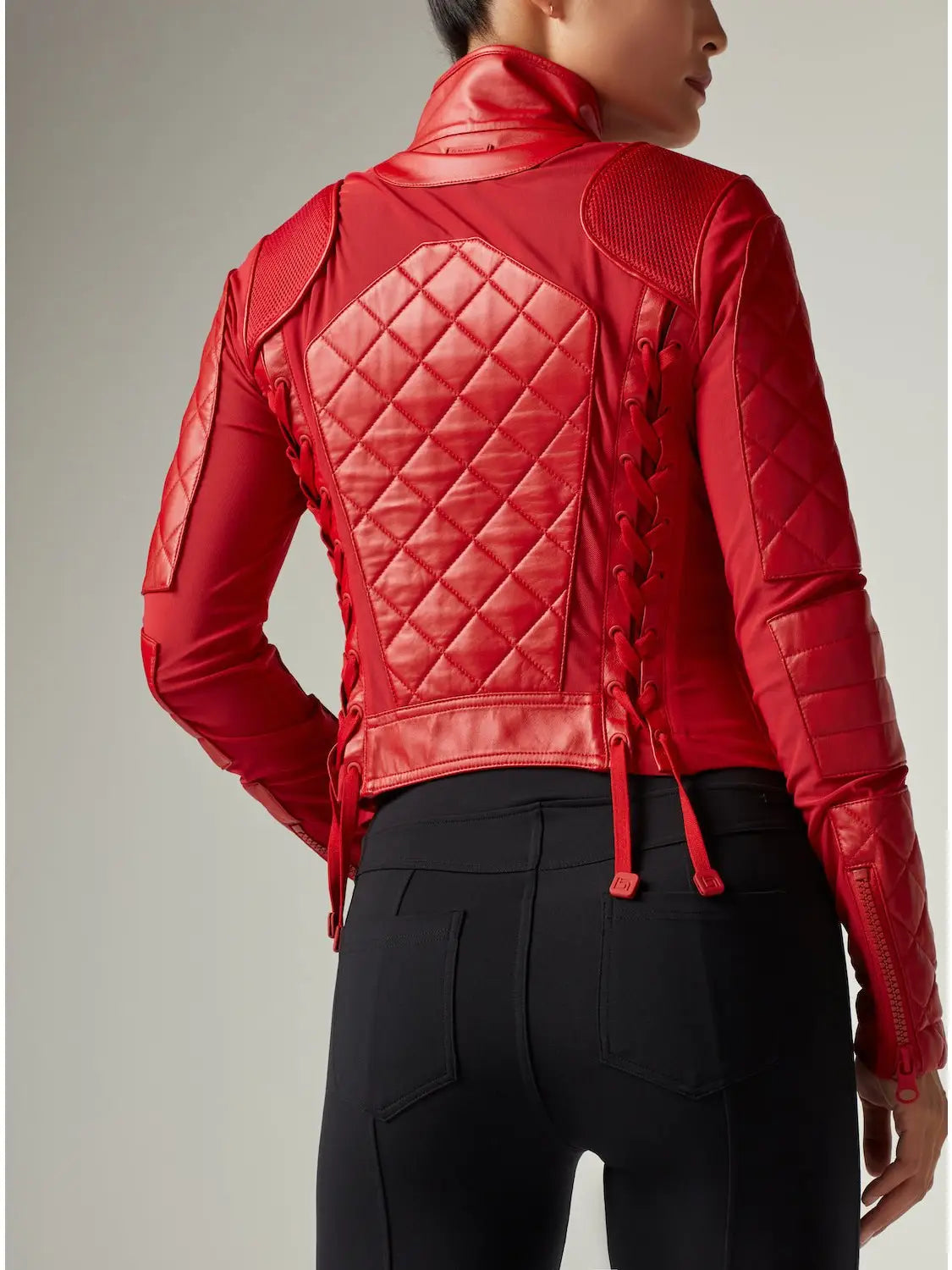 Classic Leather Mesh Moto Jacket - Haute Red with Lace Up Back