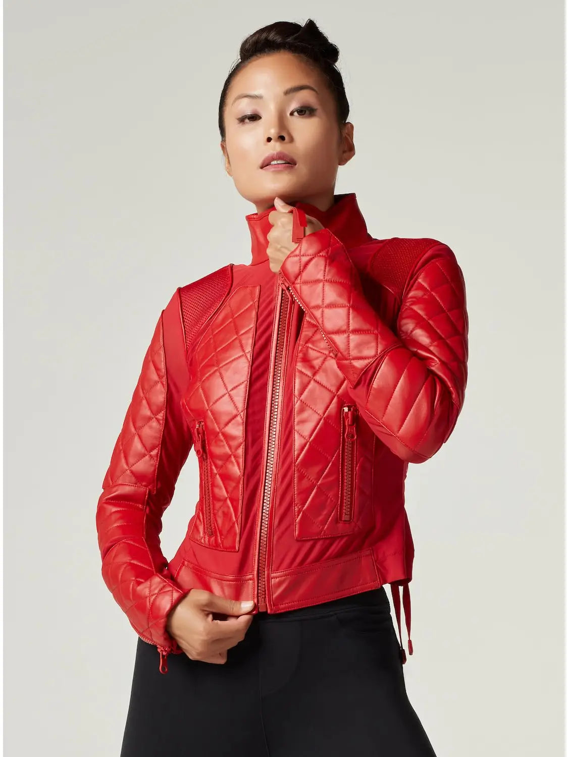 Classic Leather Mesh Moto Jacket - Haute Red with Lace Up Back