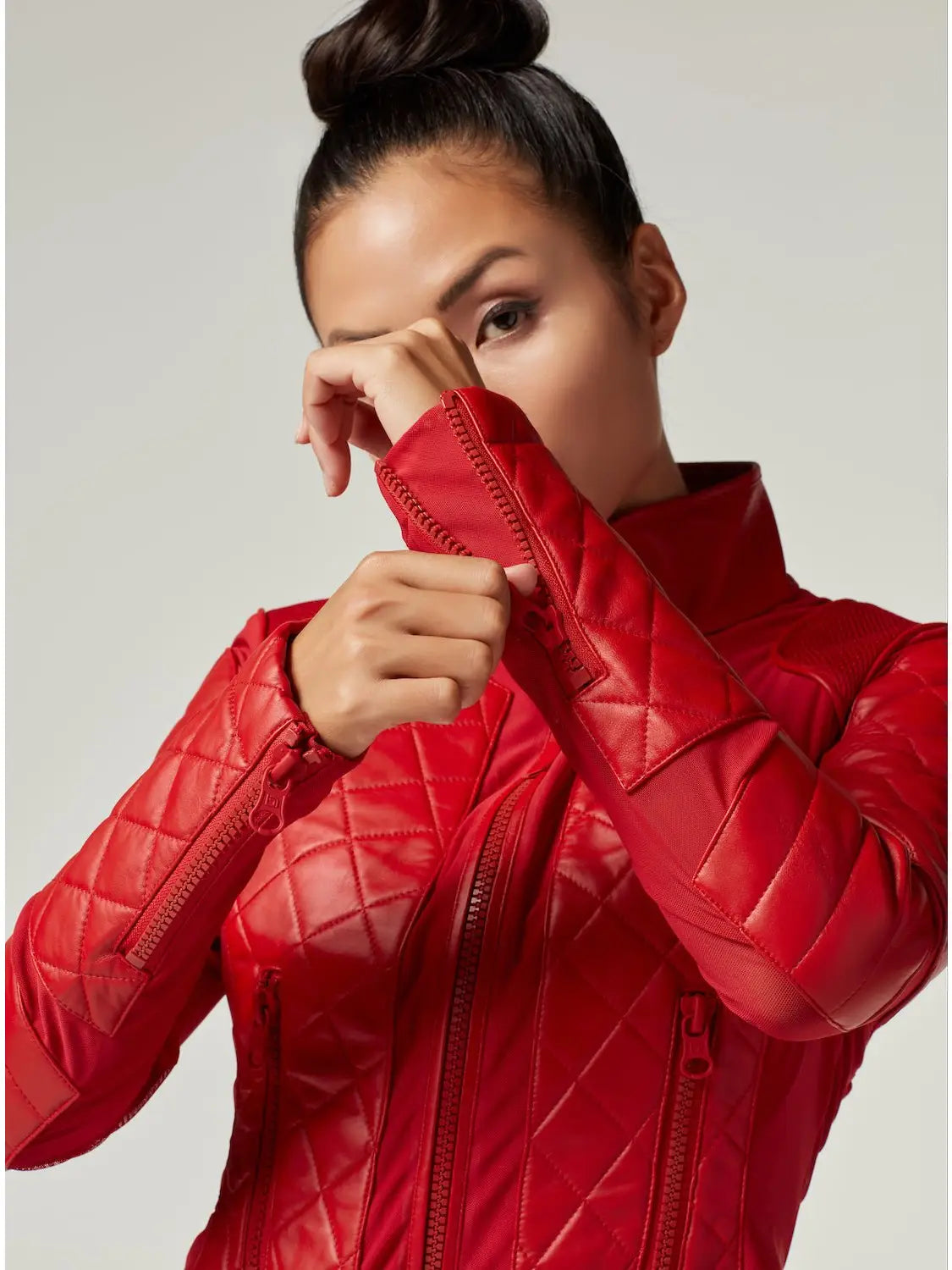 Classic Leather Mesh Moto Jacket - Haute Red with Lace Up Back