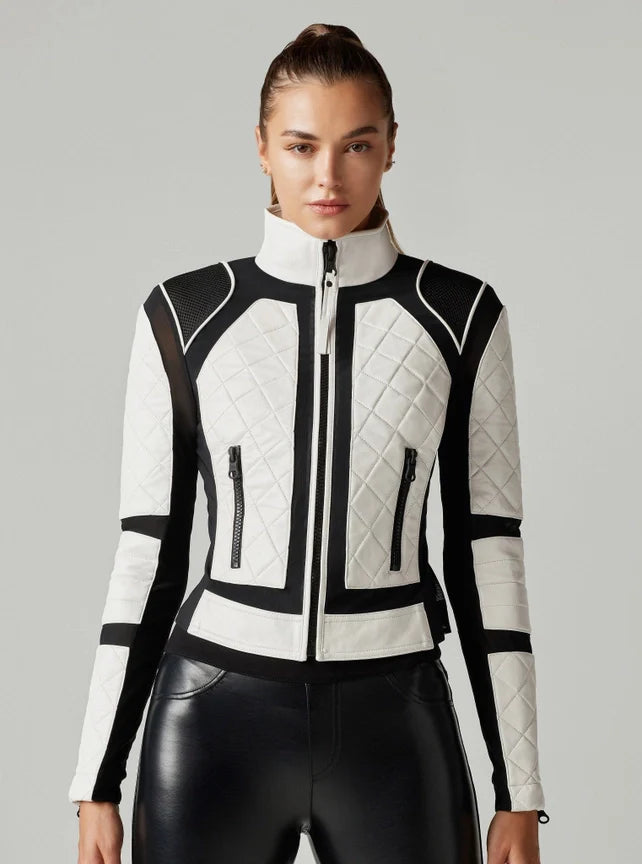 Classic Leather Mesh Moto Jacket - WHITE/BLACK