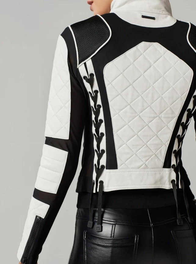 Classic Leather Mesh Moto Jacket - WHITE/BLACK
