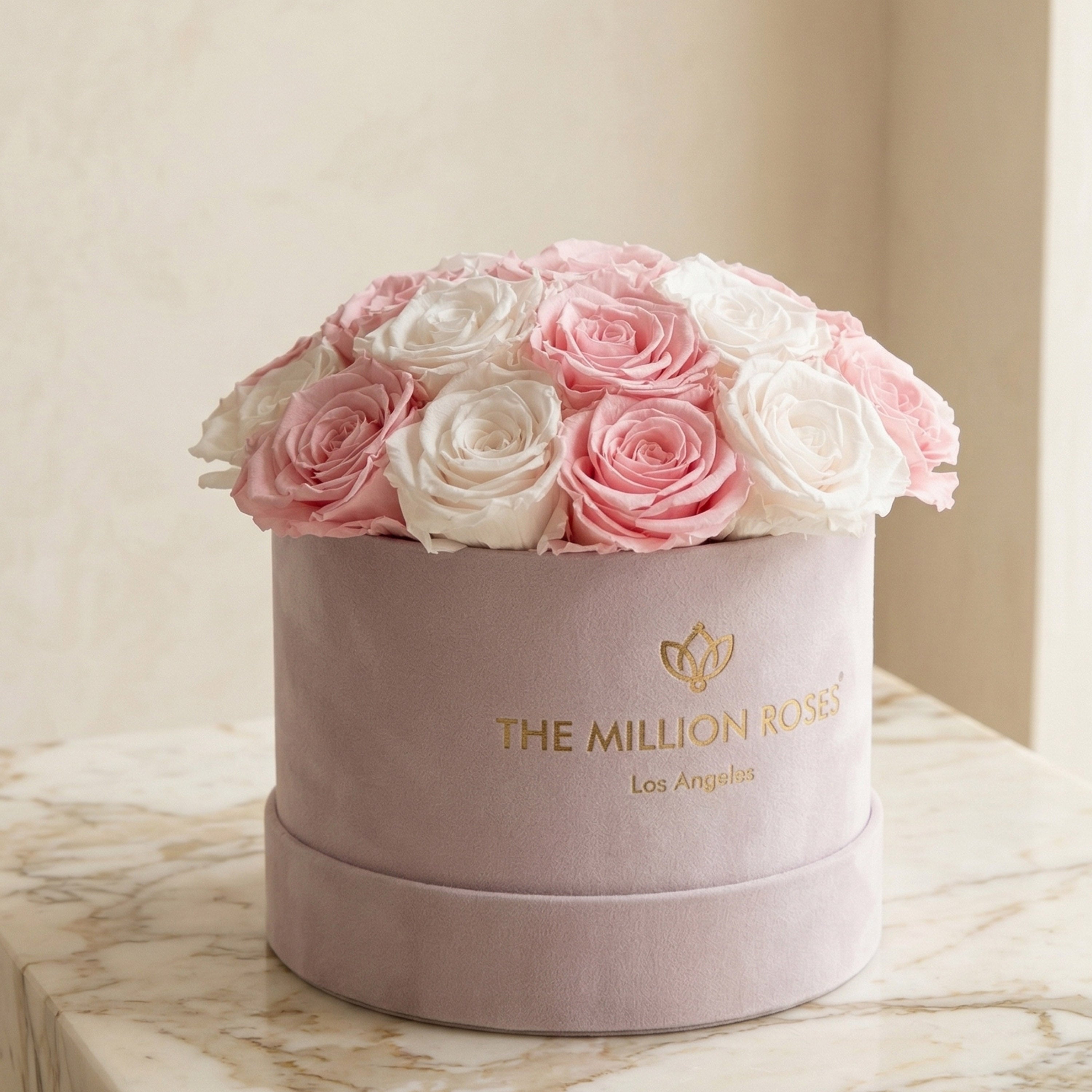 Classic Light Pink Suede Dome Box | White & Pink Roses