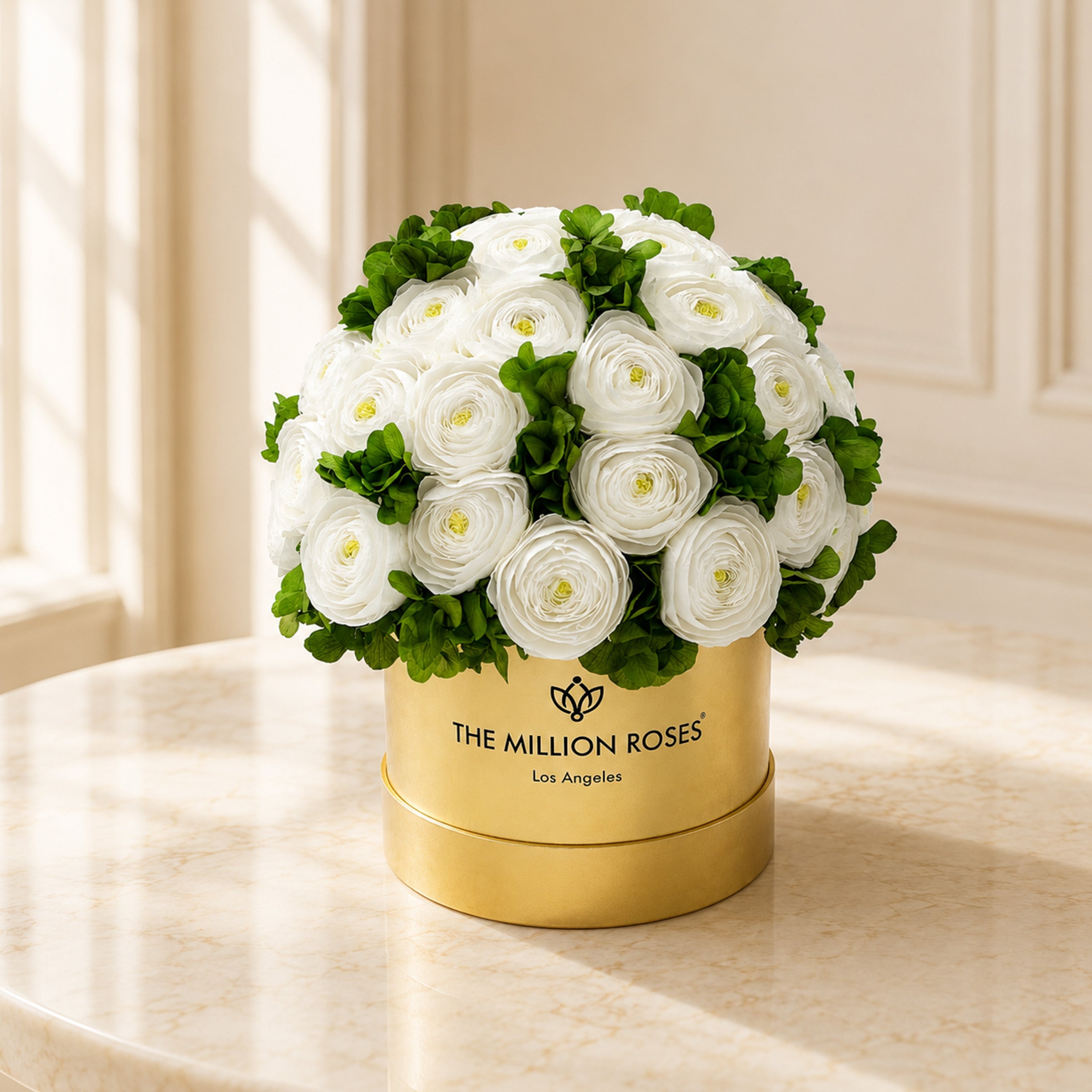 Classic Mirror Gold Box | White Persian Buttercups & Green Hydrangeas