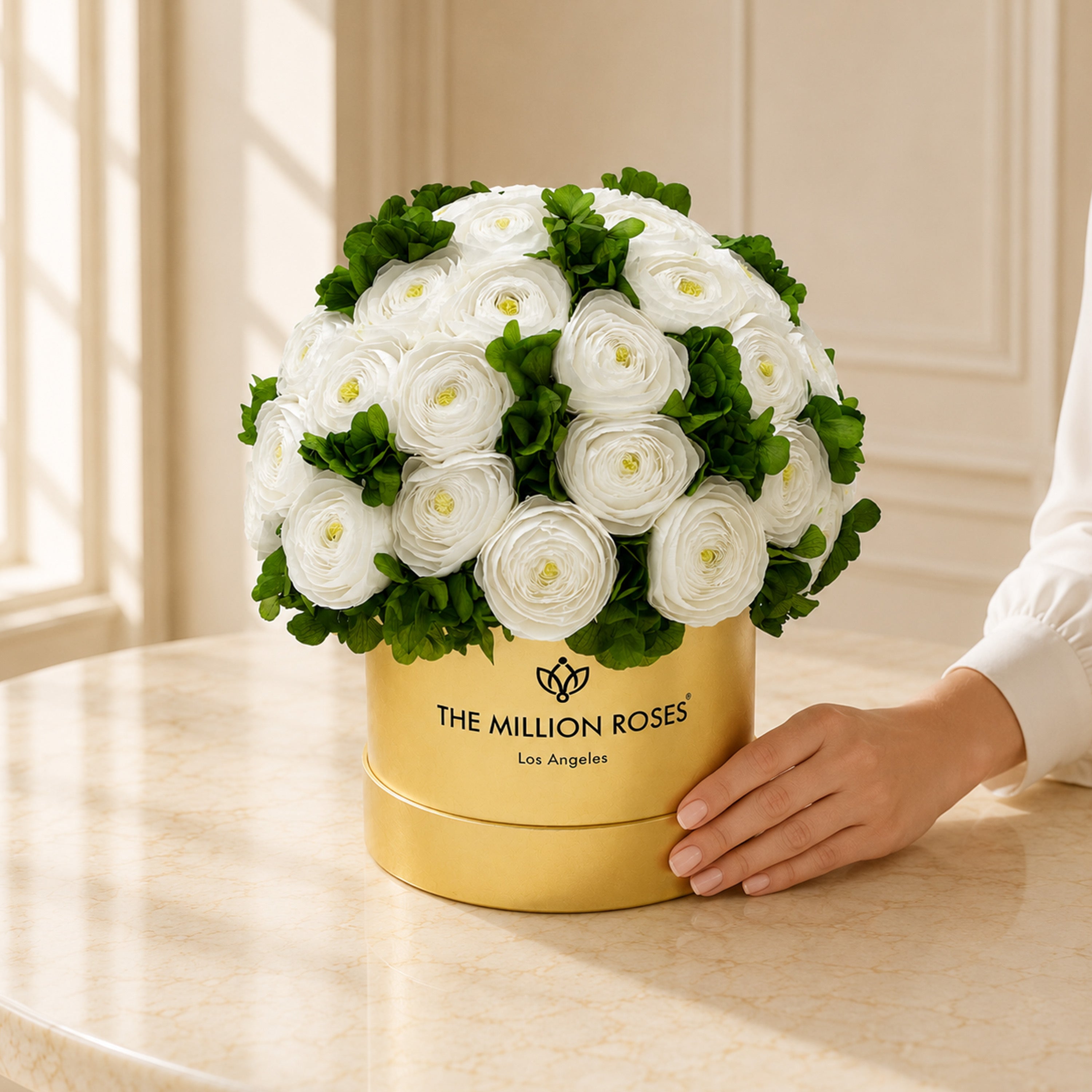 Classic Mirror Gold Box | White Persian Buttercups & Green Hydrangeas