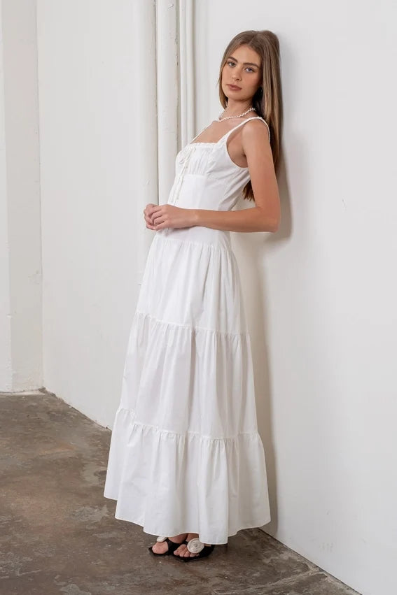Corset Button-Down Tiered Maxi Dress White Women's Elegant Dress
