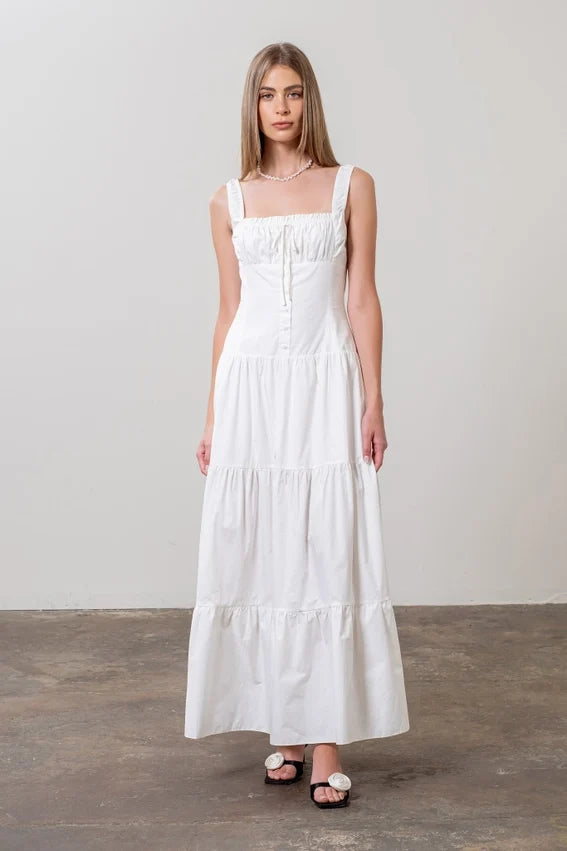 Corset Button-Down Tiered Maxi Dress White Women's Elegant Dress