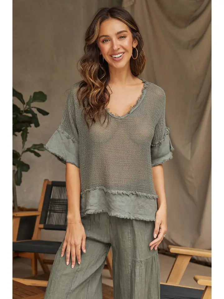 Cotton Mesh Grid Short Sleeve Top - Army Green