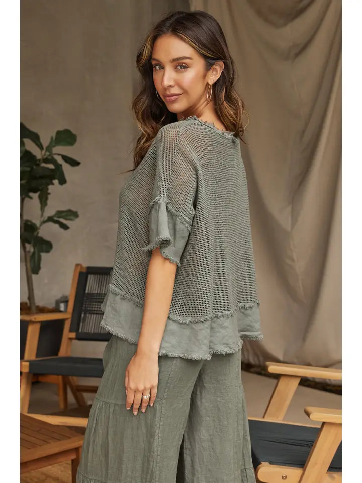 Cotton Mesh Grid Short Sleeve Top - Army Green