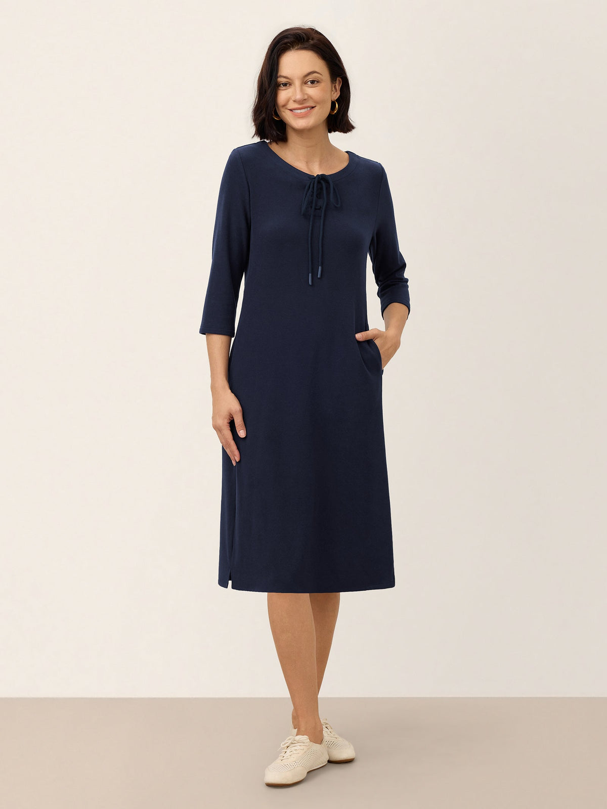 Cotton Tie Neck Three Quarter Sleeve Midi Dress SERENELLA