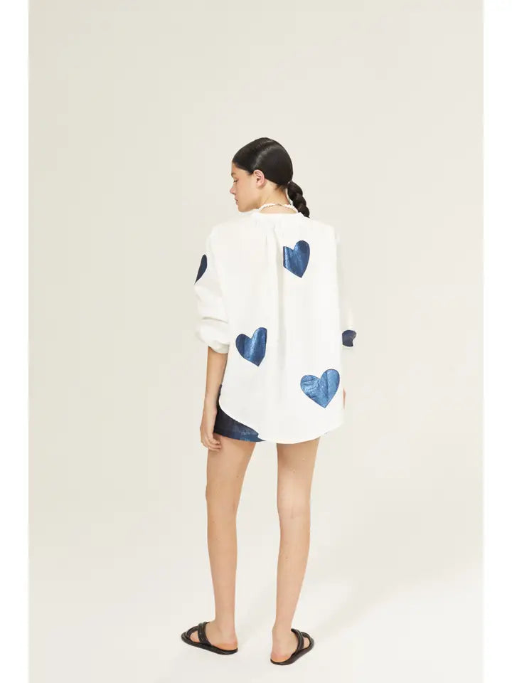 Cupid Linen Shirt - Off-White with Metallic Dark Blue Hearts
