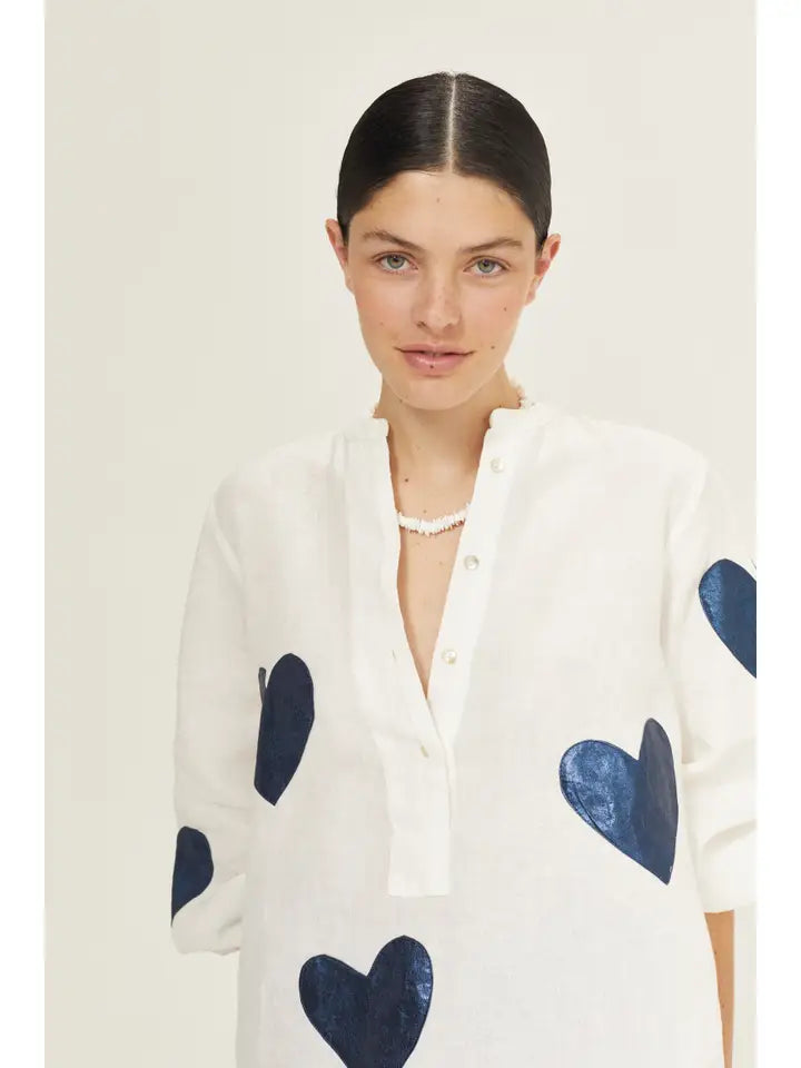 Cupid Linen Shirt - Off-White with Metallic Dark Blue Hearts