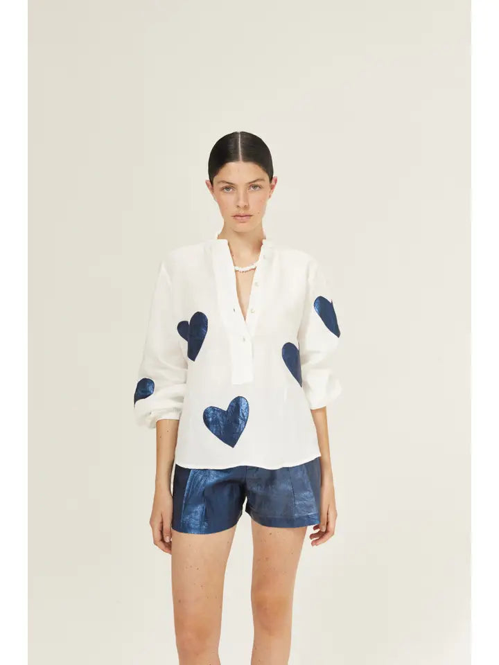 Cupid Linen Shirt - Off-White with Metallic Dark Blue Hearts