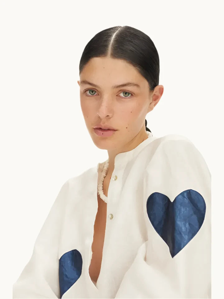 Cupid Linen Shirt - Off-White with Metallic Dark Blue Hearts