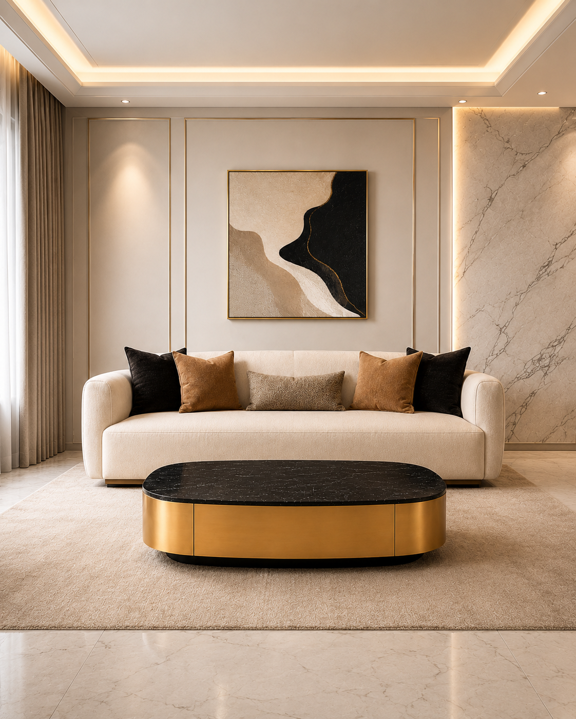 Curved Edge Luxe Marble Coffee Table with Storage