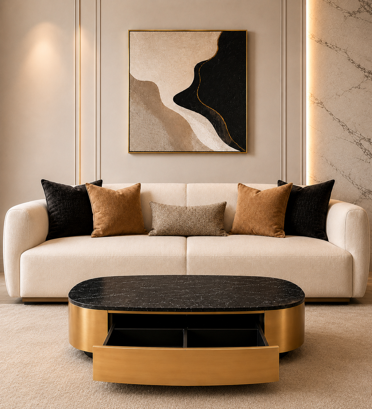 Curved Edge Luxe Marble Coffee Table with Storage
