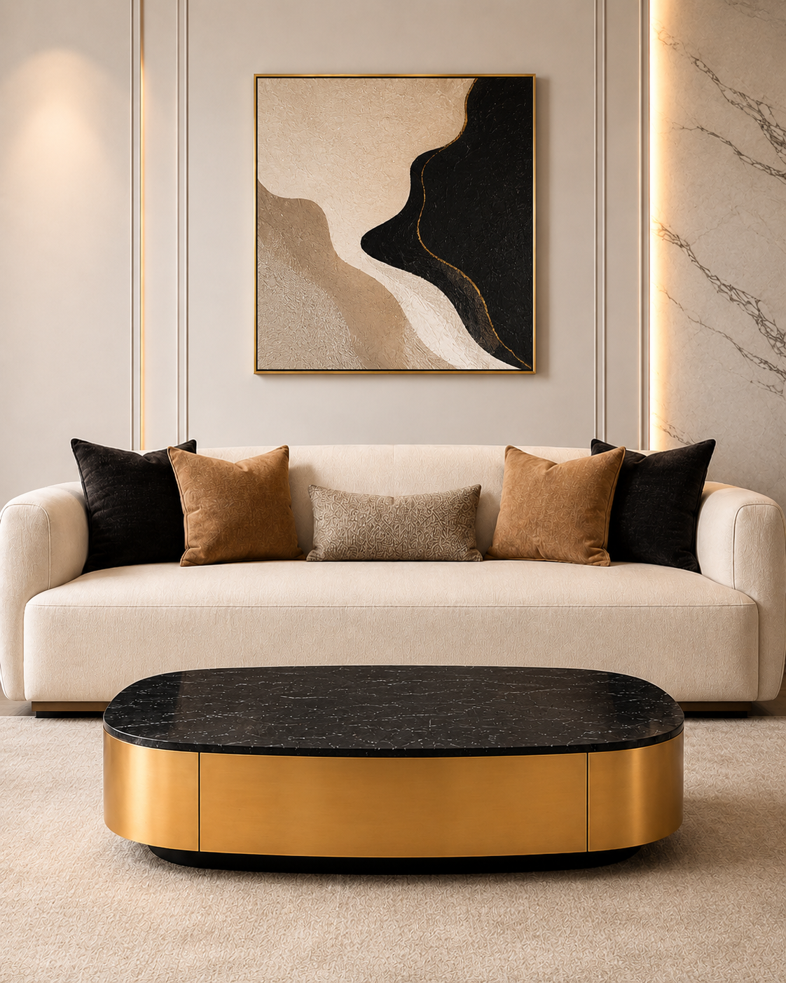 Curved Edge Luxe Marble Coffee Table with Storage