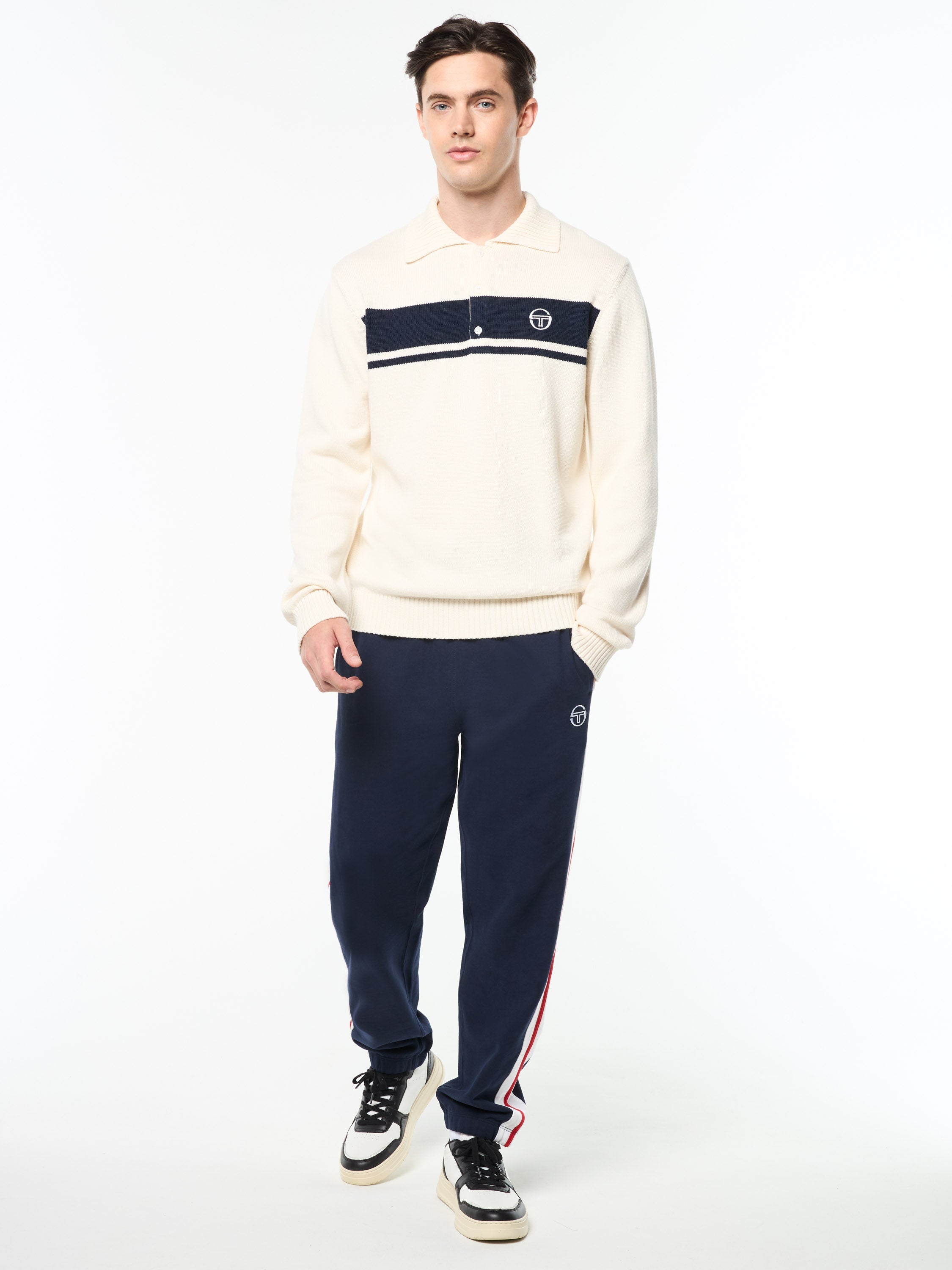 Damarindo Long Sleeve Knit Polo- Gardenia/ Maritime Blue