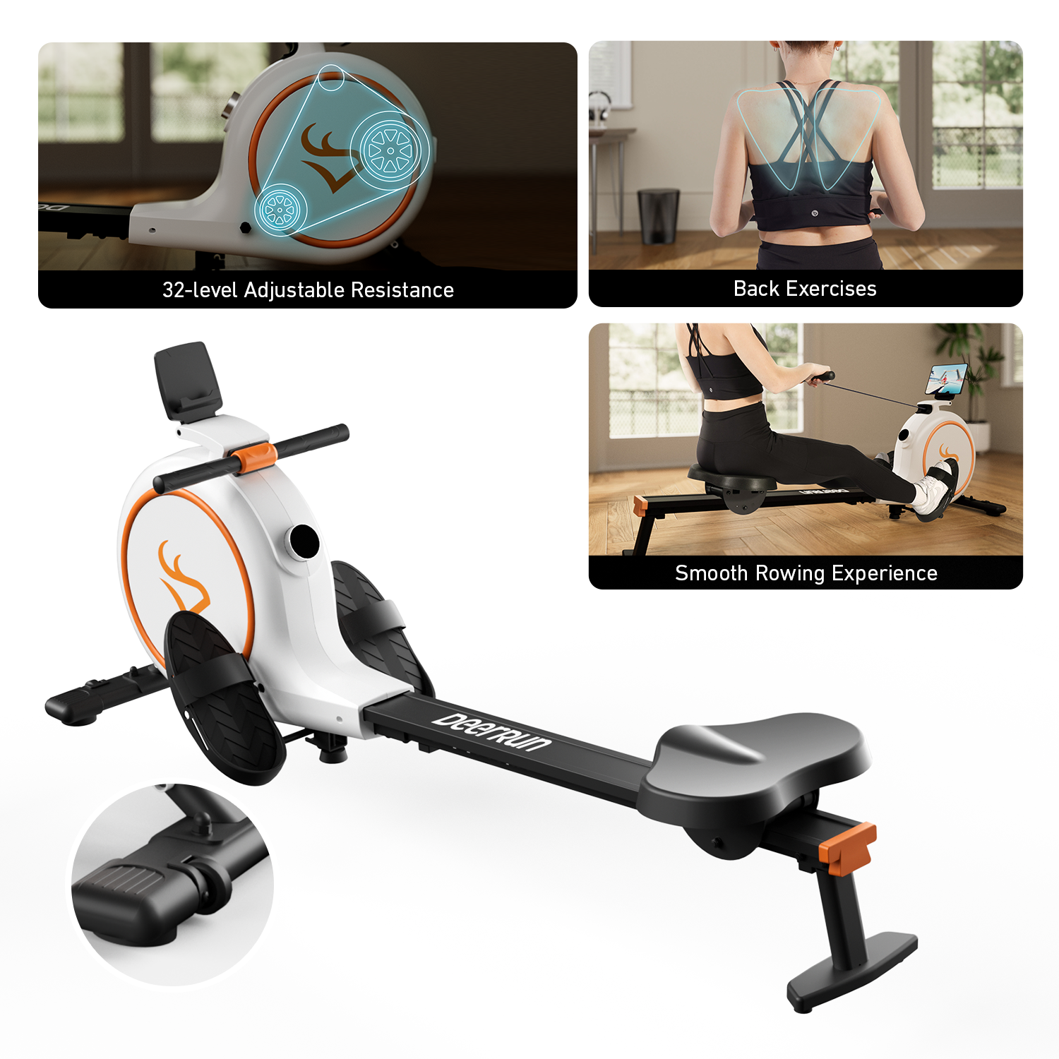 Deerrun Rw600 Adjustable 32-Level Magnetic Resistance Long Slide Rail Smart Rowing Machine With Pitpat App