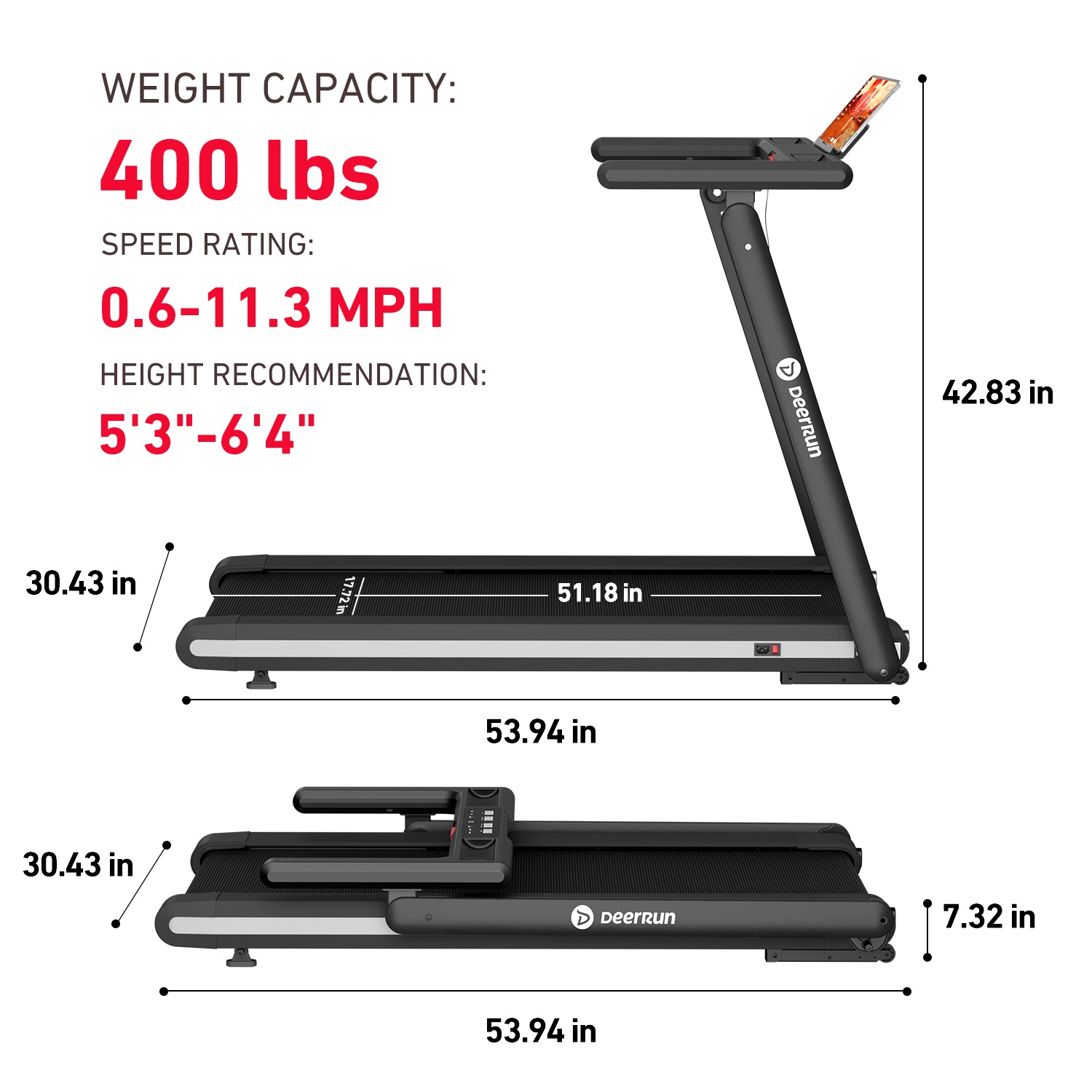 Deerrun X20 Treadmill With 15% Auto Incline Full Running Deck Treadmill | 400 Lbs, 11.3 Mph