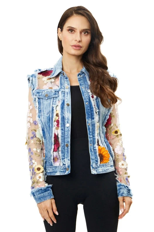 Denim Blue Lace Jacket with Floral Embroidery