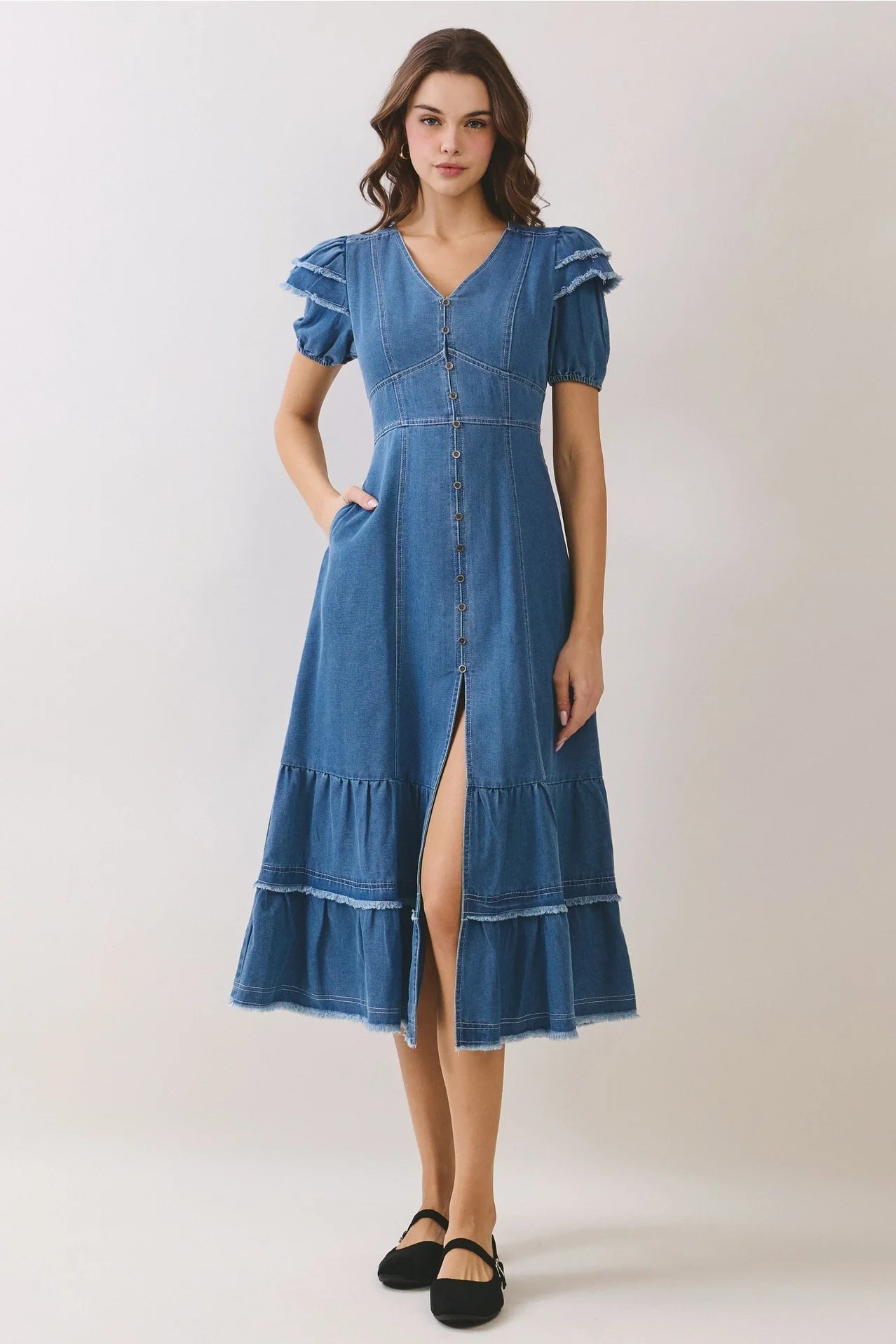 Denim Button Down Front Slit Tiered Midi Dress