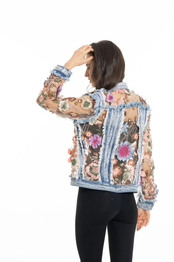 Denim and Lace Embroidered Jacket