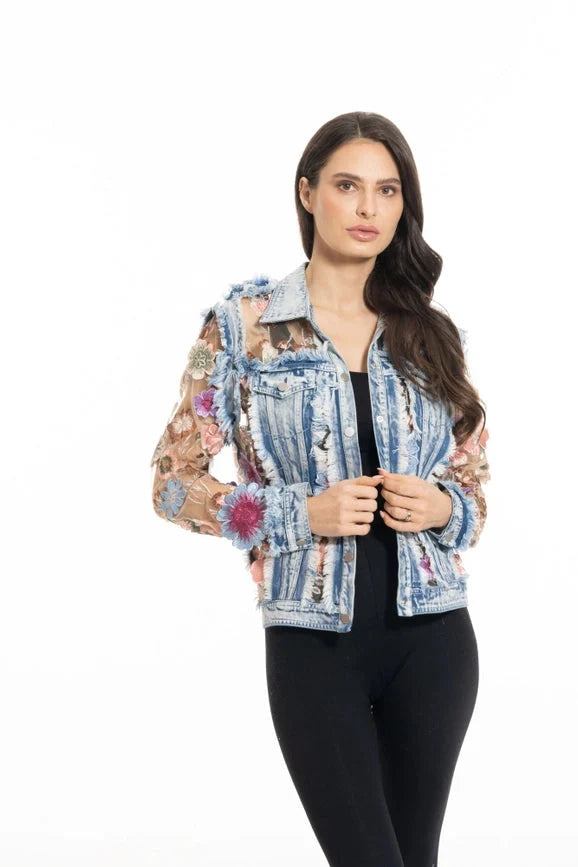 Denim and Lace Embroidered Jacket