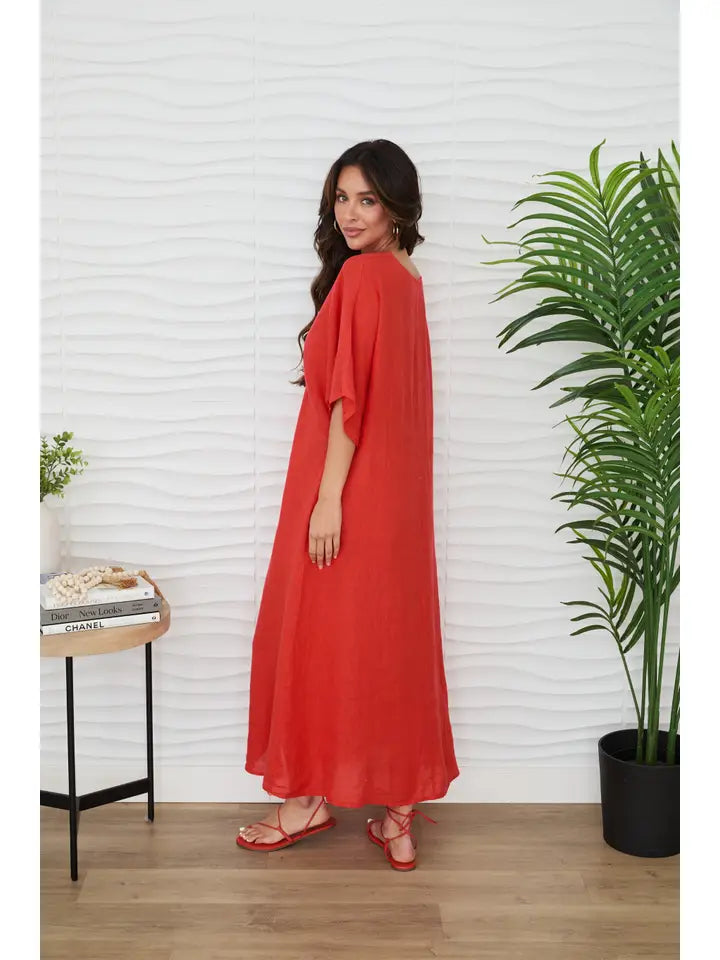 Dolman Sleeve V-Neck Linen Maxi Dress in Red Flame Solid Color