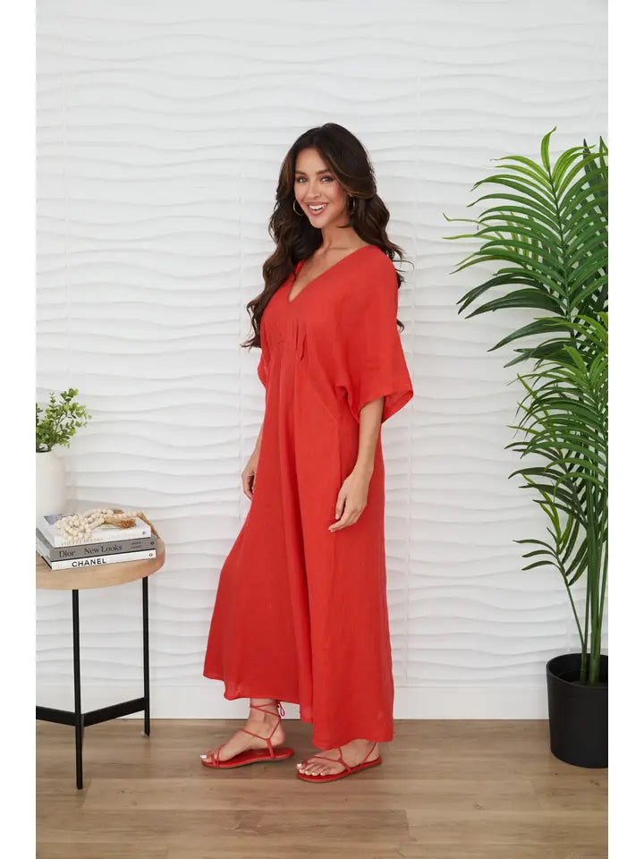 Dolman Sleeve V-Neck Linen Maxi Dress in Red Flame Solid Color