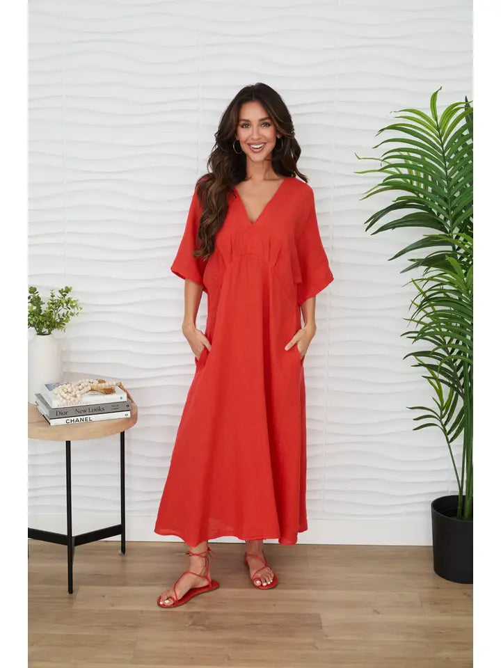 Dolman Sleeve V-Neck Linen Maxi Dress in Red Flame Solid Color