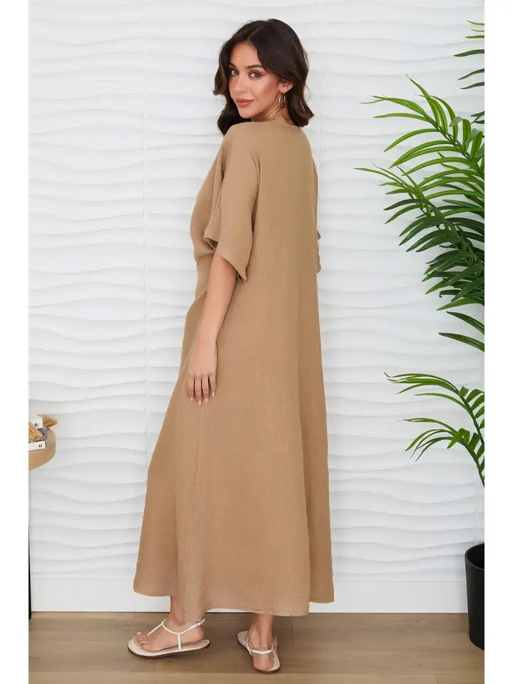 Dolman Sleeve V-Neck Maxi Dress in Solid Linen Camel