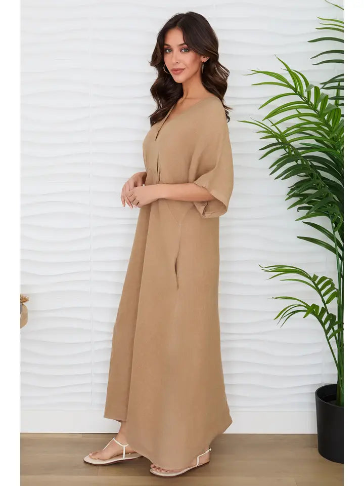 Dolman Sleeve V-Neck Maxi Dress in Solid Linen Camel